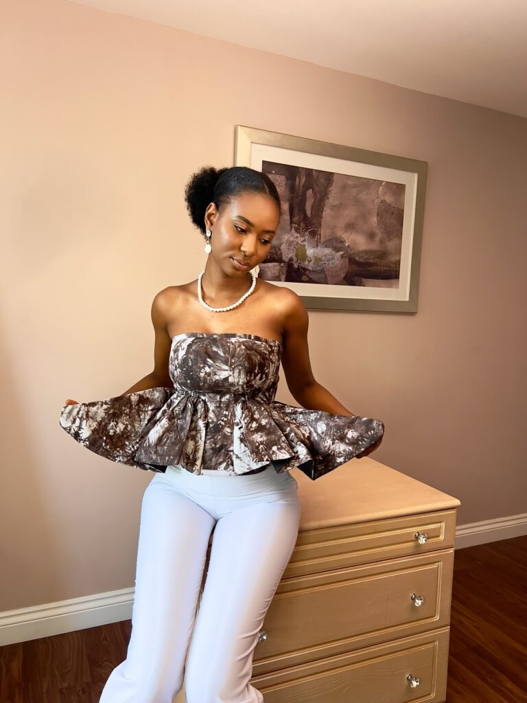 Brown and white corset top with flares
