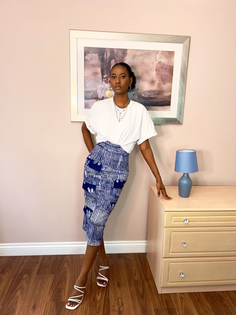 Blue and white striped pencil skirt