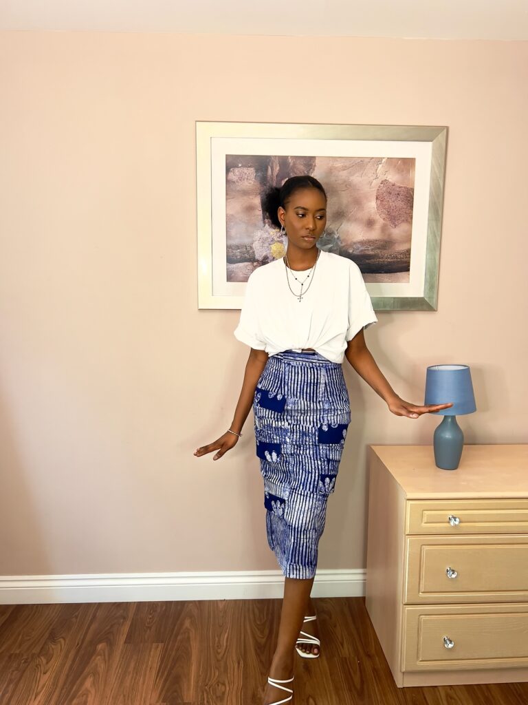 Blue and white striped Adire pencil skirt