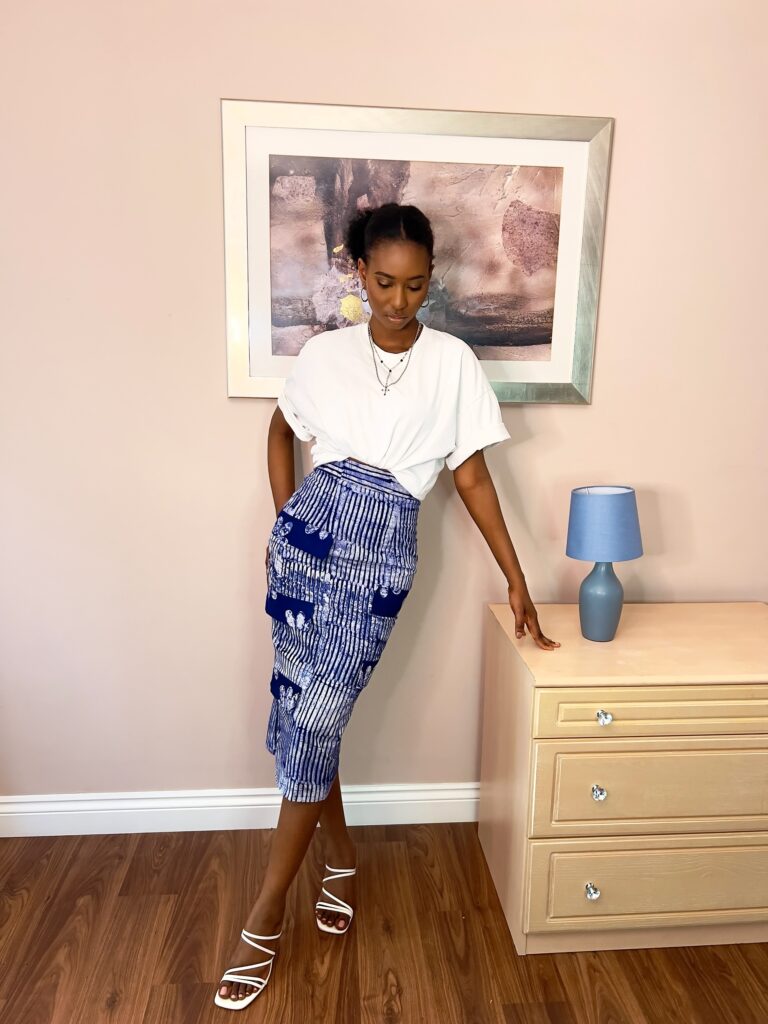 Blue and white striped pencil skirt