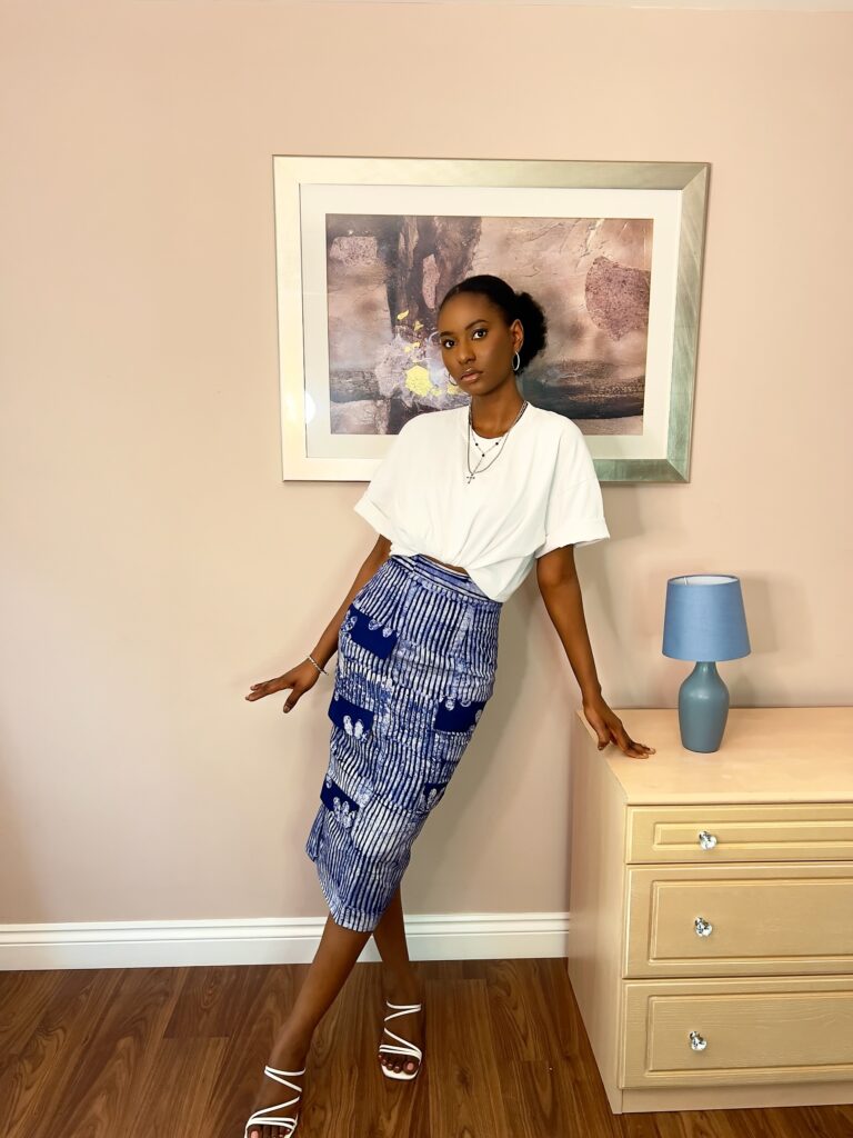 Blue and white striped pencil skirt